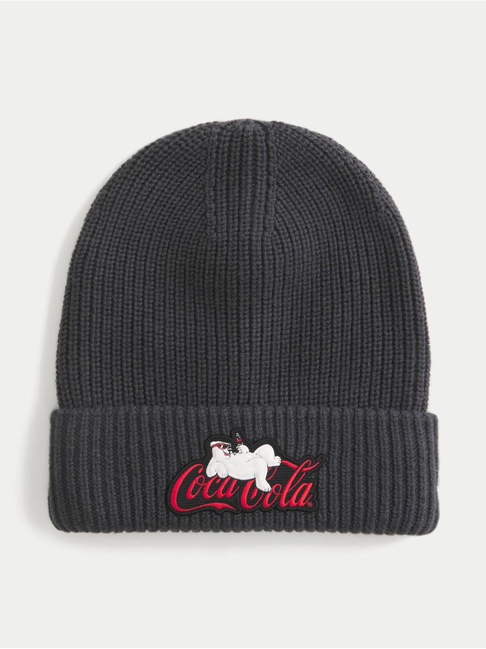 Hollister Charcoal Gray Ribbed Beanie with Red Logo Patch